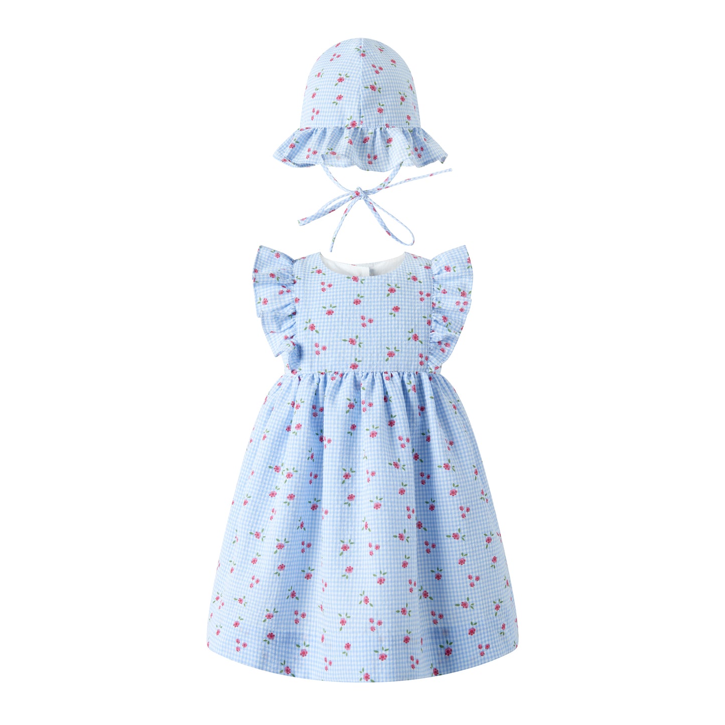 Blue Gingham Floral Sundress & Hat